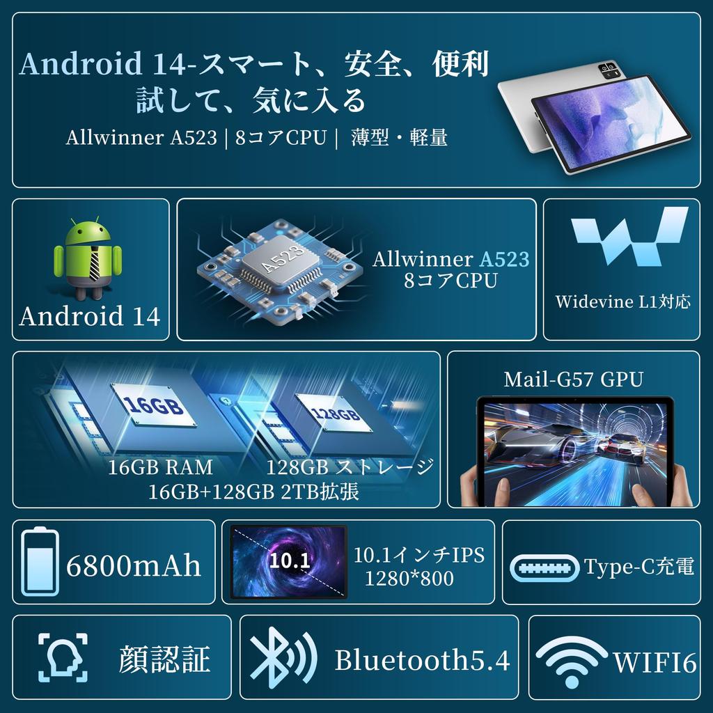 Bvlary Android WiFi Android Thin and Incell IPS Widevine L1 Child GMS Face Suitable for Kids and Seniors Tablet, 10-inch, 16GB+128GB+2TB Expansion,