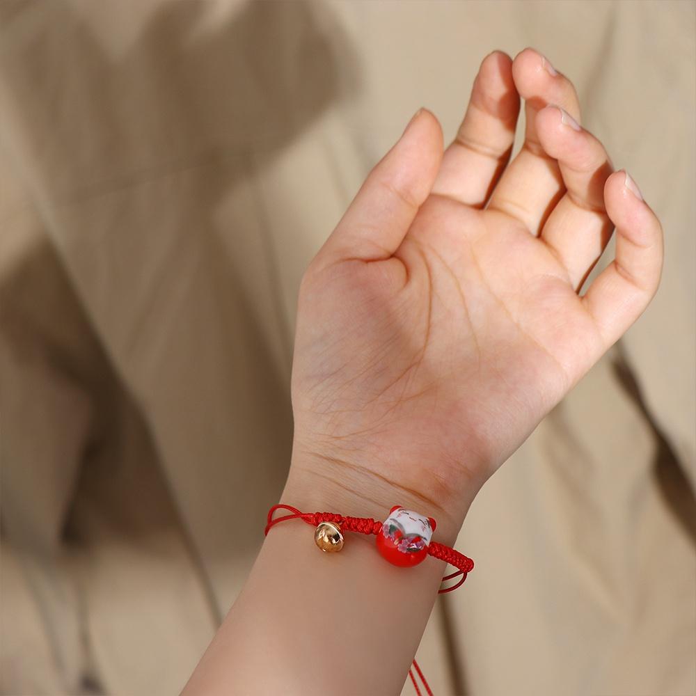 Ceramic Cat Pendant Women Hand Ring Chinese Style Jewelry Red Braided Rope Maneki Neko Bracelet