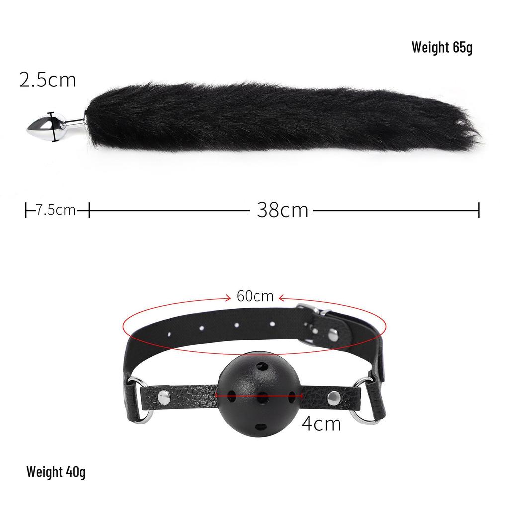 SM Fox Tail Three-Piece Set: Anal Plug, Collar & Nipple Clamps - Adult Toys for Women
