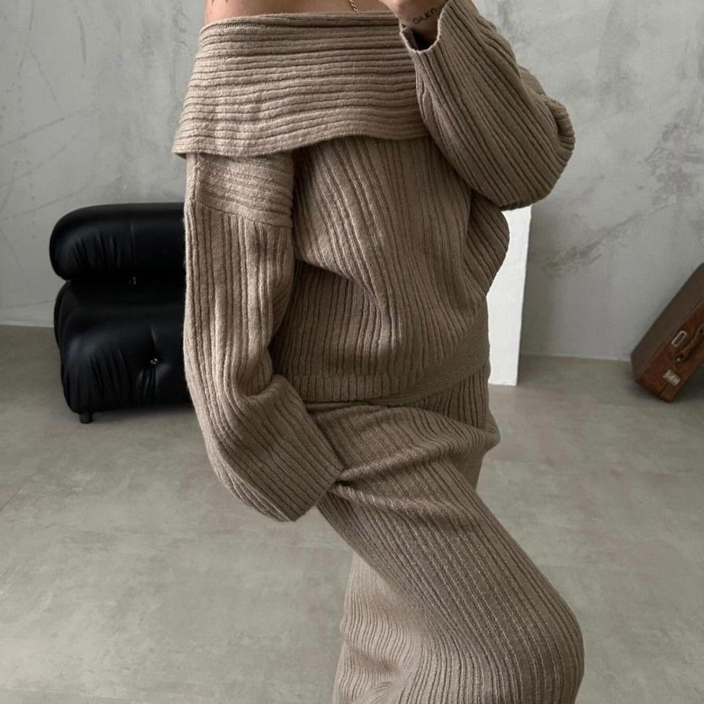 2024 European & American Style Off-the-Shoulder Knitted Sweater Two-Piece Set with Long Sleeves
