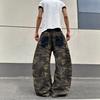 American retro patch pocket camouflage scimitar jeans men and women street ruffian handsome loose wide-leg casual overalls