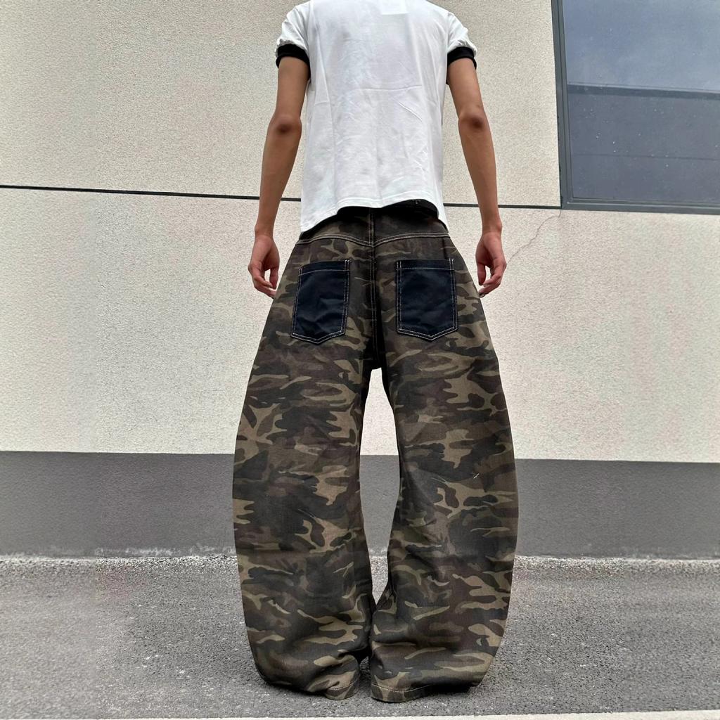 American retro patch pocket camouflage scimitar jeans men and women street ruffian handsome loose wide-leg casual overalls
