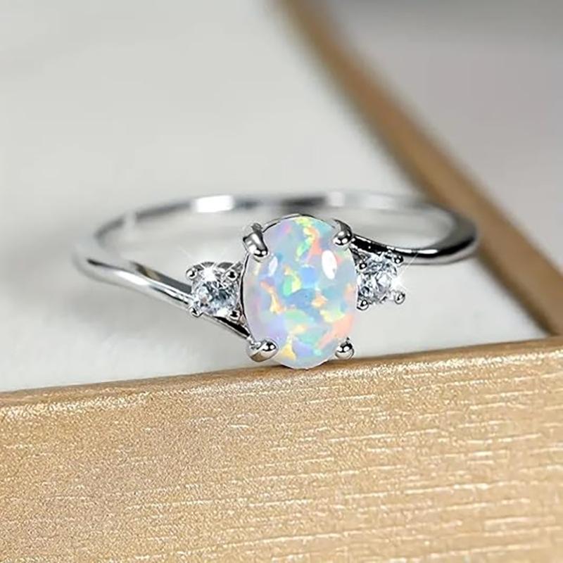 Women Dainty Oval Opal Silver Color Thin Band Delicate Minimalist Engagement Promise Finger Rings Accessories Daily Gift