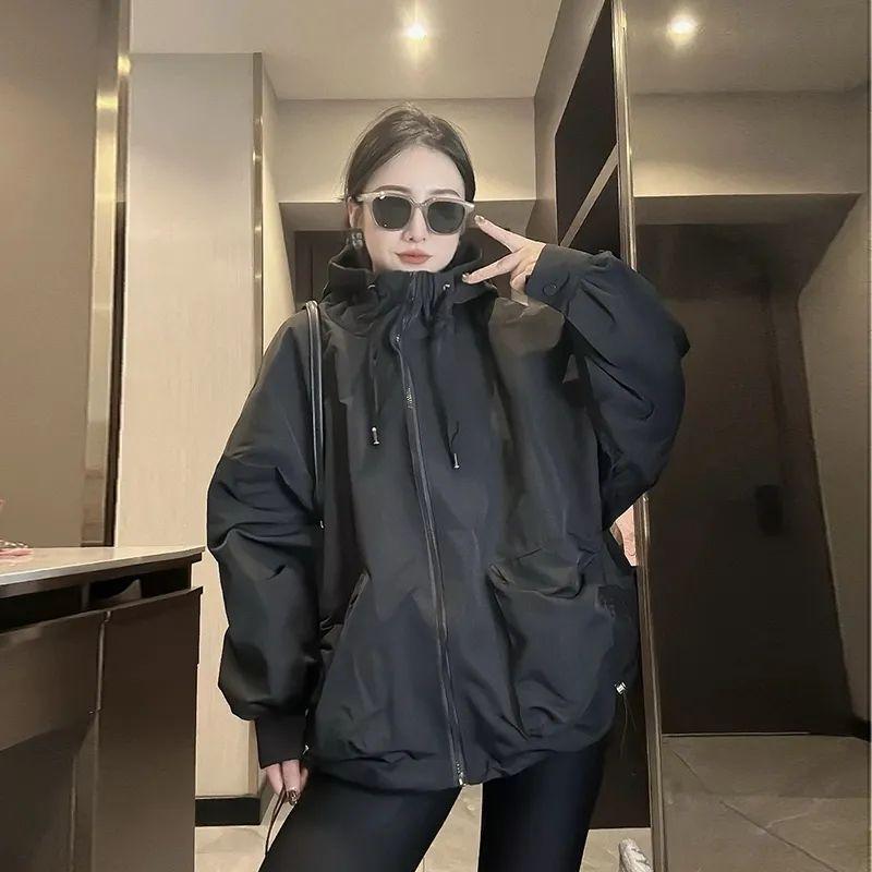 

Весенне-осенняя куртка-ветровка большого размера свободного кроя, модная куртка с кулиской, складывается XXL чёрный