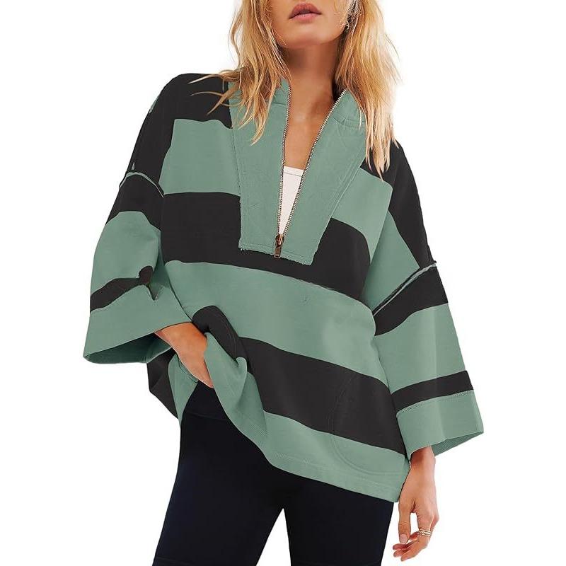 Women's Oversized Striped Shirt Half Zip Sweatshirt Patchwork V Neck Top Casual Loose Pullover