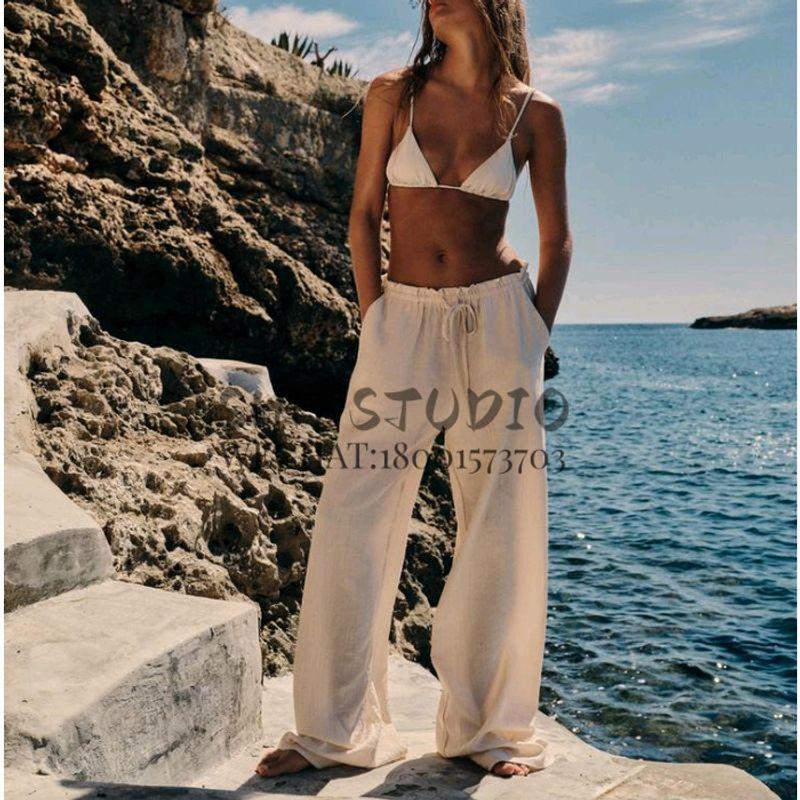 Spring New European and American Commuters' Plaid Easiest for Match Stretch Waist Lace up Casual Textured Pants 4391450