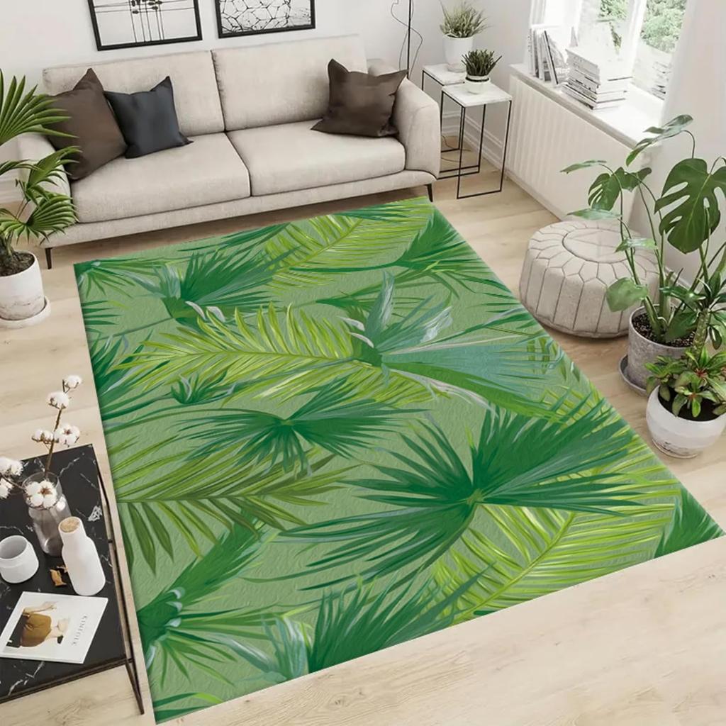Tropical Monstera Area Rug, Natural Jungle Green Palm Tree Banana Leaf Rugs, Carpet, Non-Slip Floor Mat for Living Room Bedroom