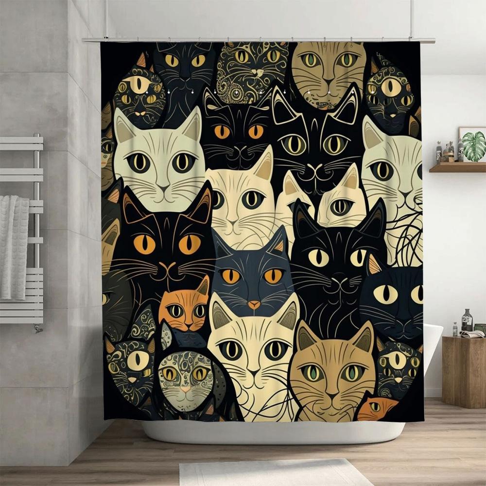 Charming Cats Shower Curtain Black White with Yellow Accents Pattern Decorative Bath Linen Waterproof Fabric Various Sizes Avail