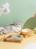 Tilted Ceramic Pet Bowl Bamboo Wood Stand Neck Protection Anti Spill Food Water Dish for Corgi Small Dogs Cats