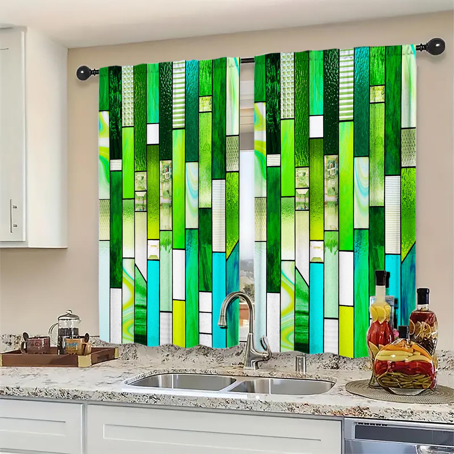 

Panels Green Glass Striped Window Decorative Curtains Semi Transparent Without Lining Durable Polyester Fiber Curtain Made Of W100*H70(CM)-Grommet top&1PCS