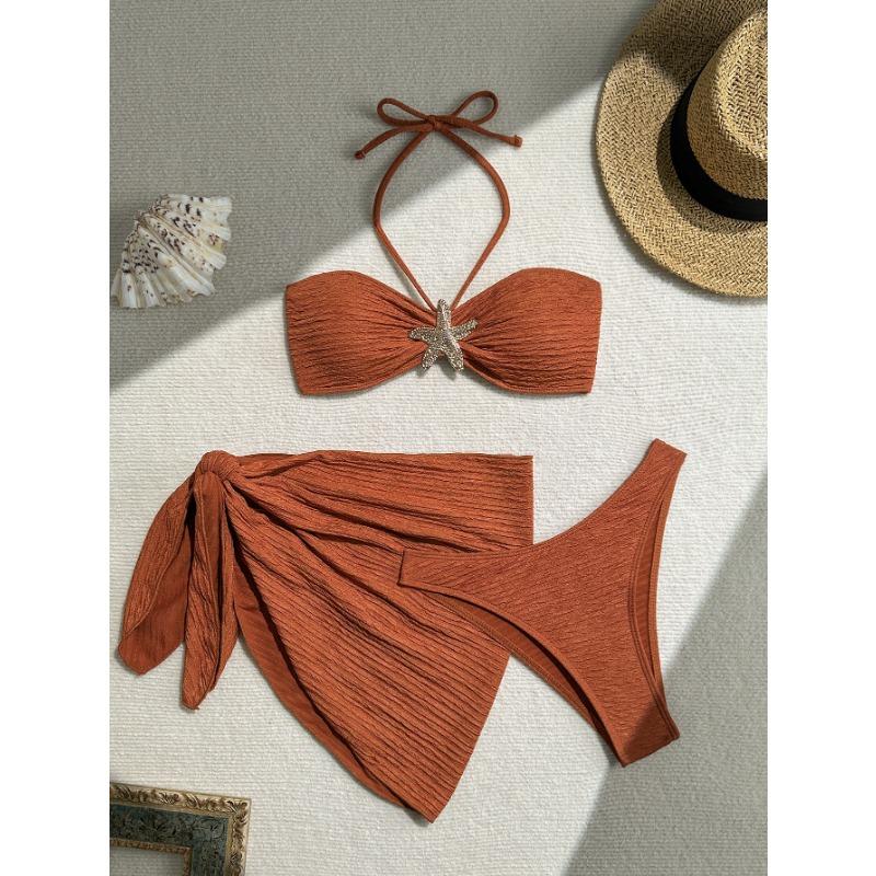 3 Piece Starfish Bandeau Bikini Set with Sarong Women's Textured Black Swimwear