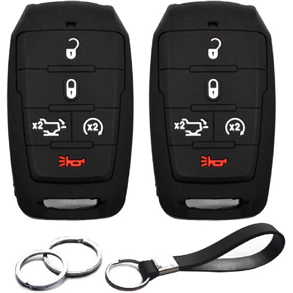 2pcs Compatible with RAM 1500 5 Buttons with Tailgate Black Key Fob Cover Case Key Chain Protector Keyless Remote Fit RAM 1500 Truck Pickup 5 Buttons