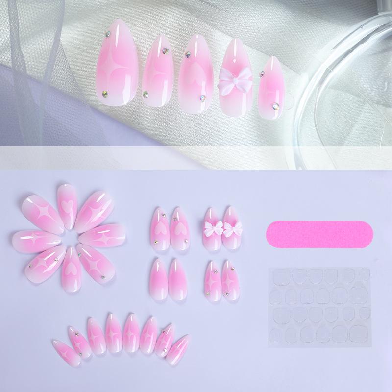 24Pcs Blush Pink Fake Nails Almond 3D Bowknots Decoration Press On Nail Full Cover Sweet Glossy False Nails Tips For Women Girls