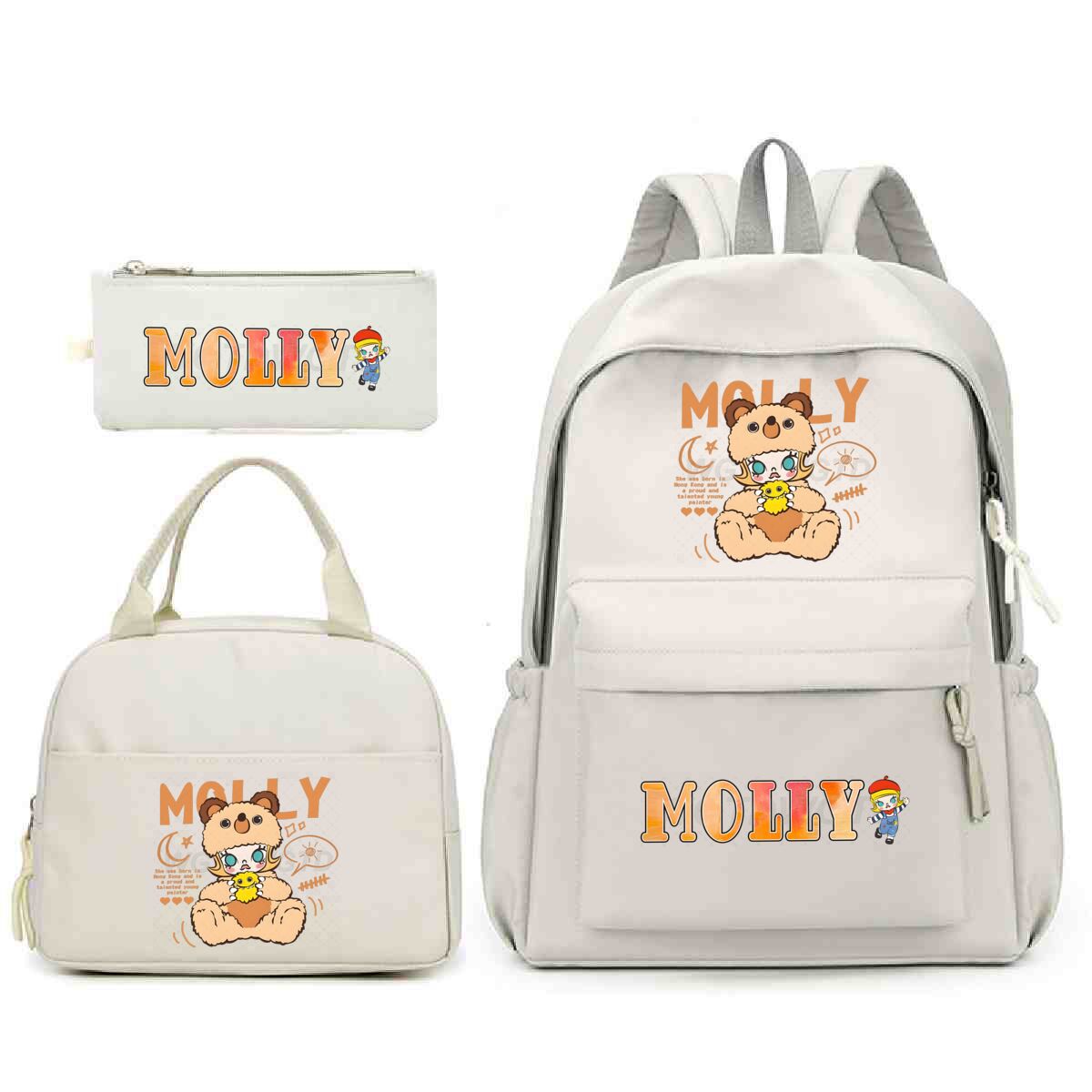 

New three-piece schoolbag Molly cute cartoon print student backpack meal bag casual pencil case No specification
