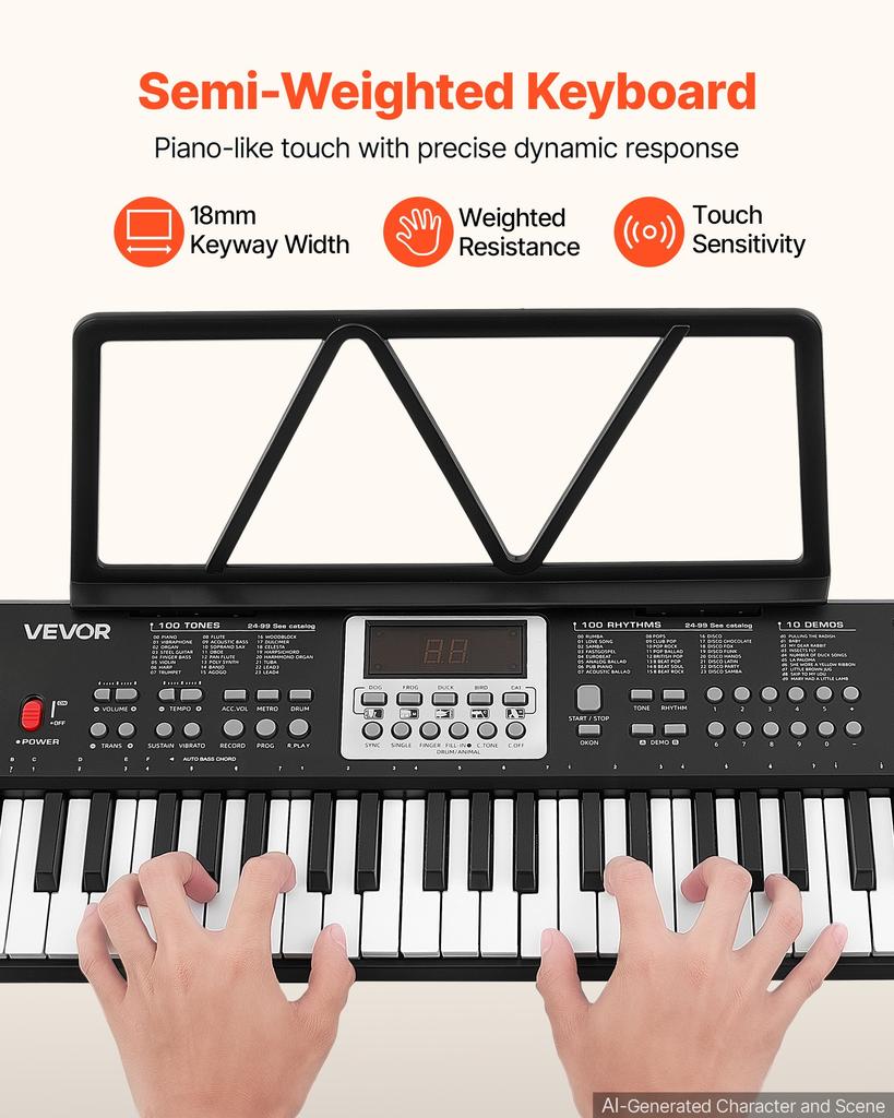 VEVOR Digital Piano 61 Keys Semi Weighted Electric Keyboard Portable Black, for Beginners, 100 Tones, 100 Rhythms, Electronic Piano
