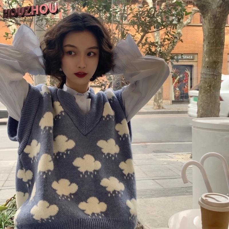 KOSY Knitted Pullover Sweater Vest Autumn Women Sleeveless Cloud Print V-neck Sweaters Loose Knit Vest Top Winter Clothes