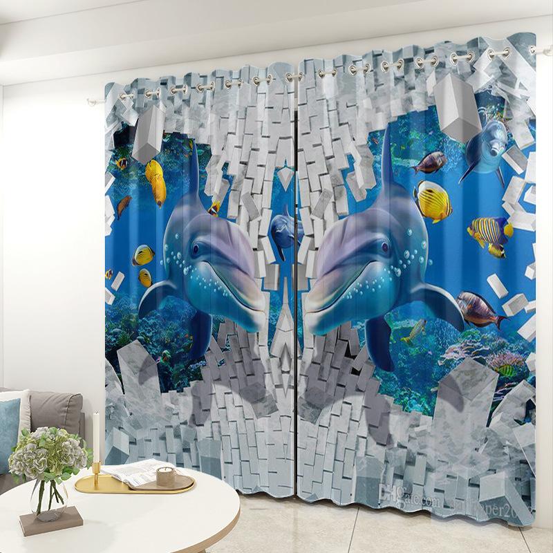 3D Ocean Curtain Fabric Bedroom Living Room Balcony Blackout Curtain Office Hotel Insulation Curtain