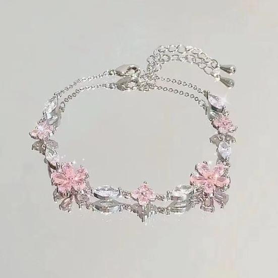 Women Bracelet Shiny Cubic Zirconia Flower Shape Bangle Adjustable Length Sweet Bracelet Versatile Fashion Accessory