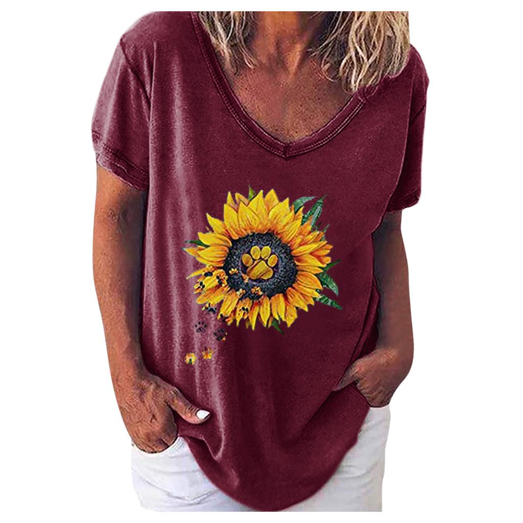 Womens Casual V Neck T-shirt Short Sleeve Letter Print Blouse Tops
