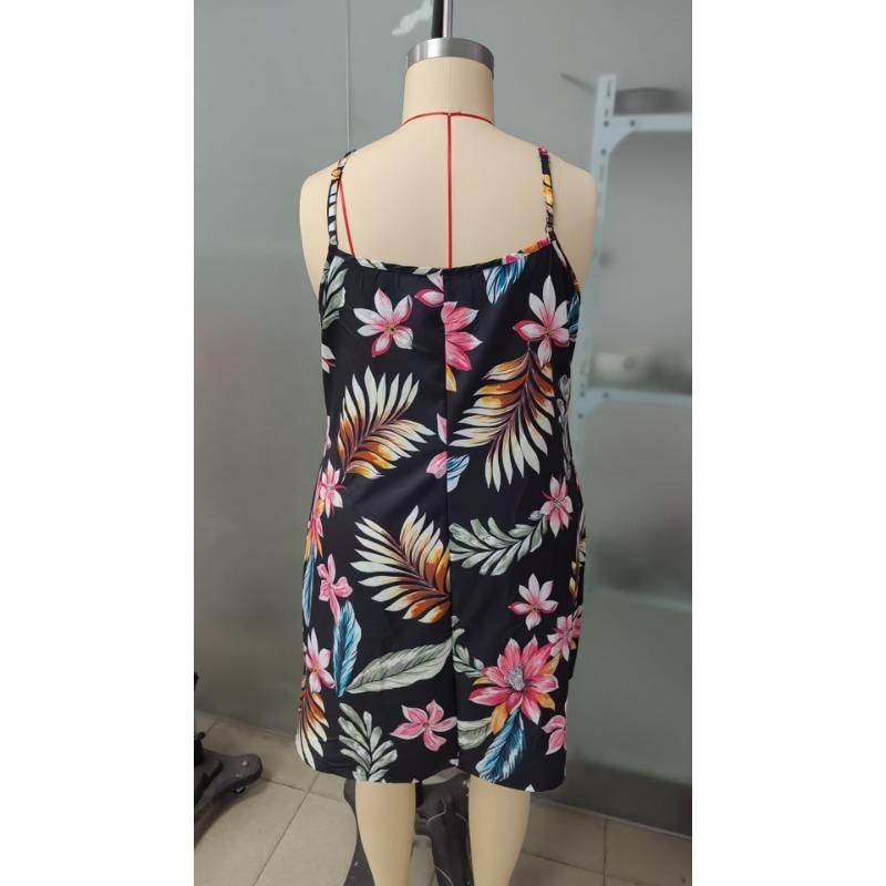 Women's Print Strap Plus-size Dress Adjustable Shoulder Strap V-neck Dress
