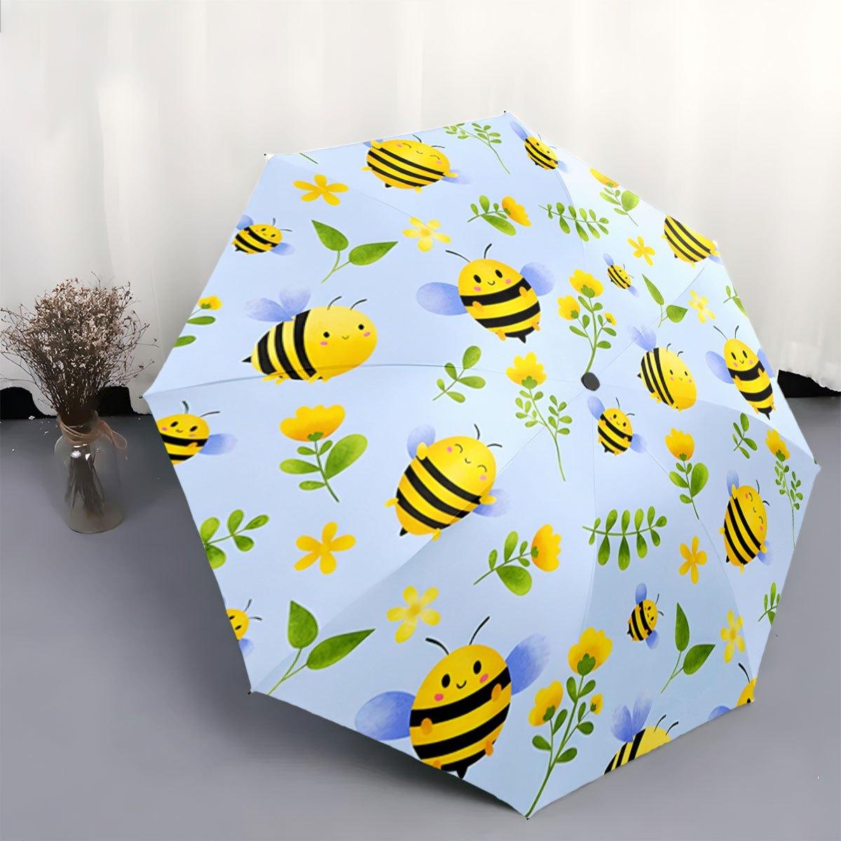 

Automatic Folding Umbrella with Cute Bee & Flower Design - Light Blue Bumblebee Pattern, 8-Rib Compact Portable Collapsible Ca (as the picture,Iron&8K)
