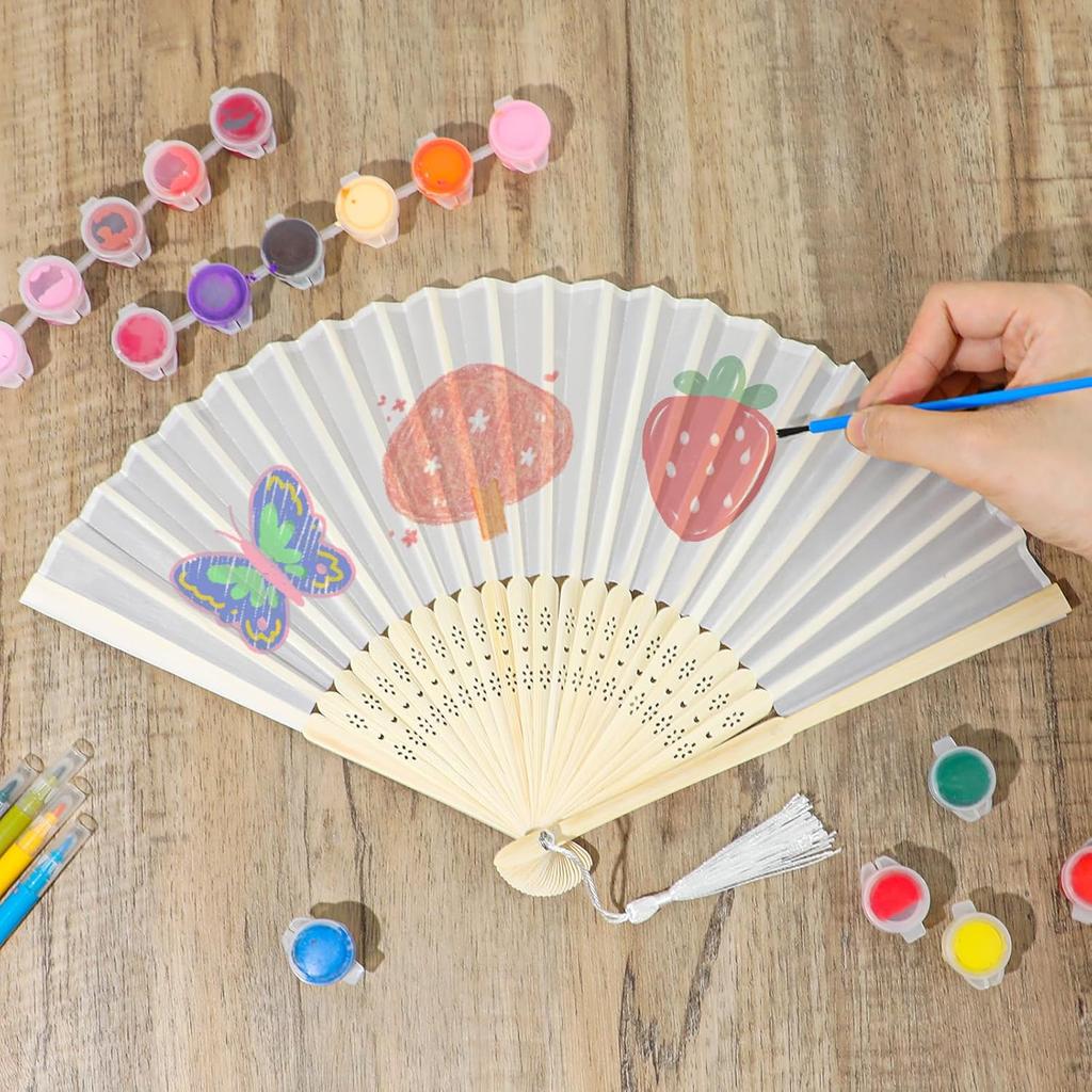 White Folding Hand Fan, Chinese Handheld Fan with Tassel Wooden Charming, DIY Blank Paper Fan Elegant Vintage Retro Style for Women Dance Party Home,