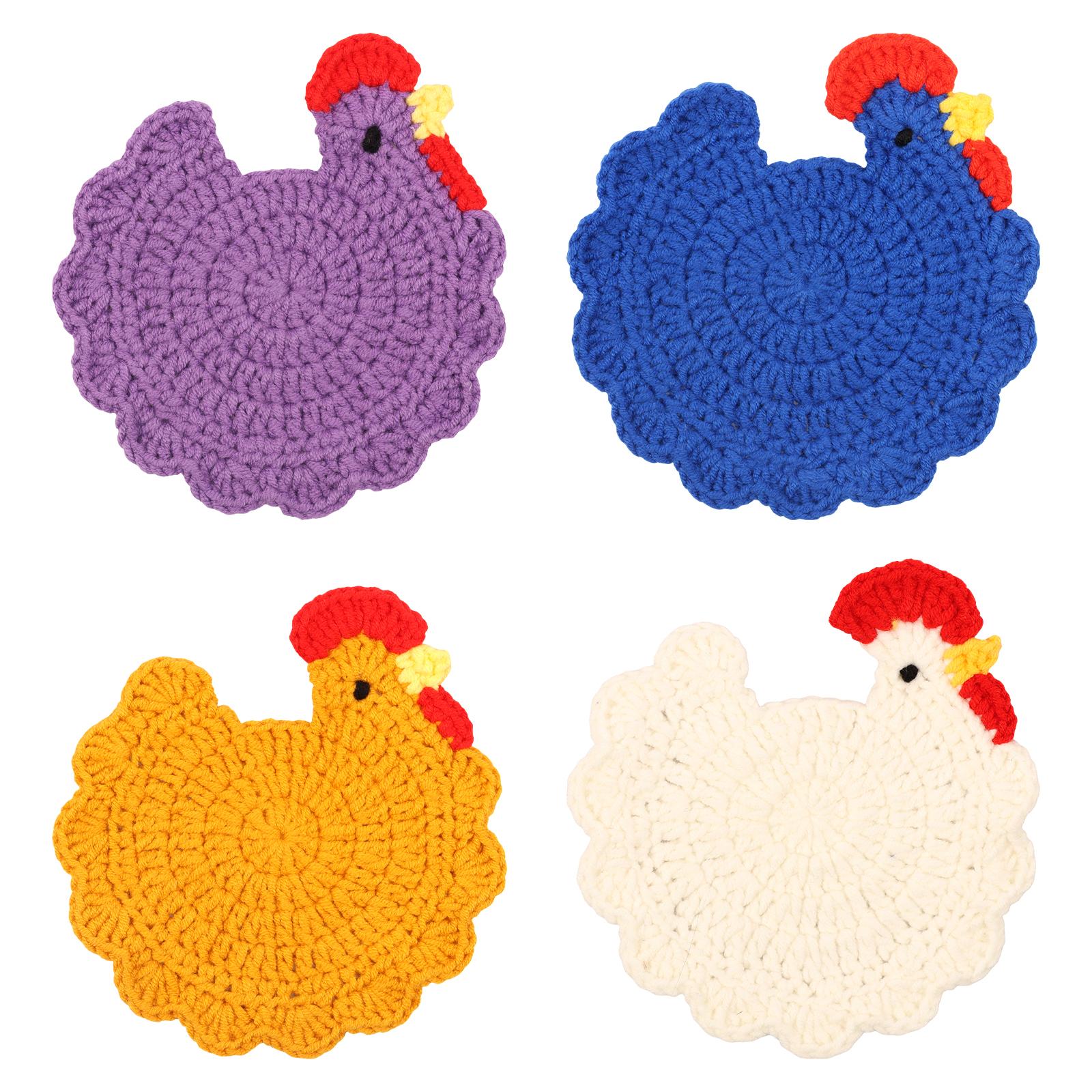 

4Pcs Handmade Crochet Chicken Coasters Set Cute Chicken Themed Drink Cup Pads Tabletop Protector Home Decor Funny Valentine Gift