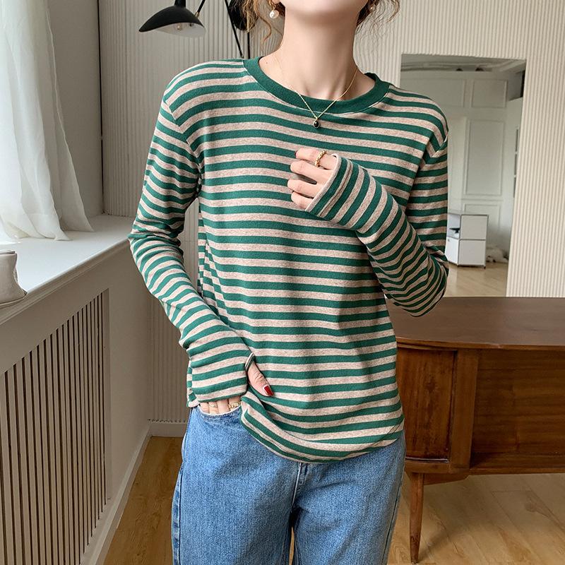 

Полосатая футболка с длинными рукавами для женщин 2024 года, начало осени, новая свободная рубашка с круглым вырезом и хлопковым верхом XL