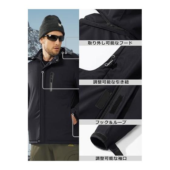 [KEFITEVD] Men's Cold Weather Clothing, Mountain Parka, Fleece Lining, Snowboarding Wear, Work Wear, For Winter, Black JP 2XL