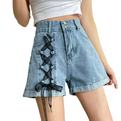 Damen-Sommerjeans, weites Bein, hohe Taille, Bindeseil, dekorative A-Typ-Denim-Shorts