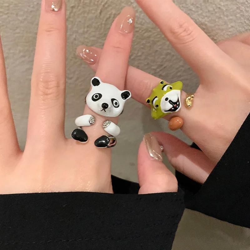 3pcs/set Cool Funny Design Sense Animal Enamel Panda Fox Metal Combination Rings Girls Creative Party Jewelry Christmas Gifts