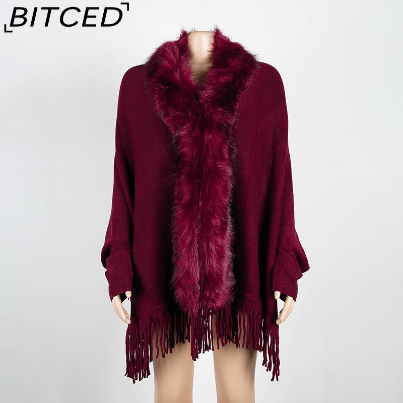 BITCED Fall/Winter Fringe Cape Shawl with Fur Collar Solid-Color Knit Sweater Jacket