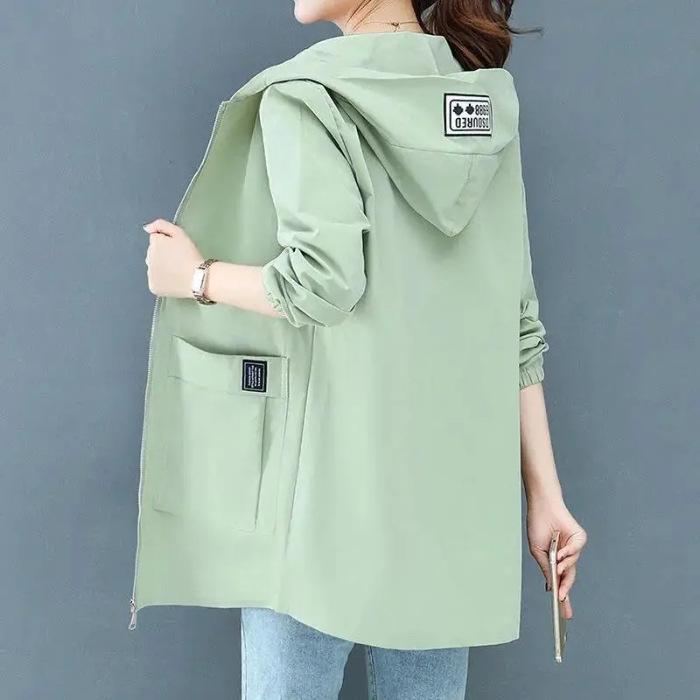 Plus Size Women's Hooded Women's Jacket Mid-length Loose Korean Style Loose and Thin Windbreaker