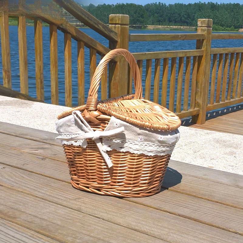 Handmade Wicker Willow Picnic Basket with Lid - Pastoral Style Storage and Fruit Basket