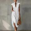 Summer European Style Women Clothing Maxi Dress Cotton Sleeveless Solid Color Loose Fit V-Neck Casual
