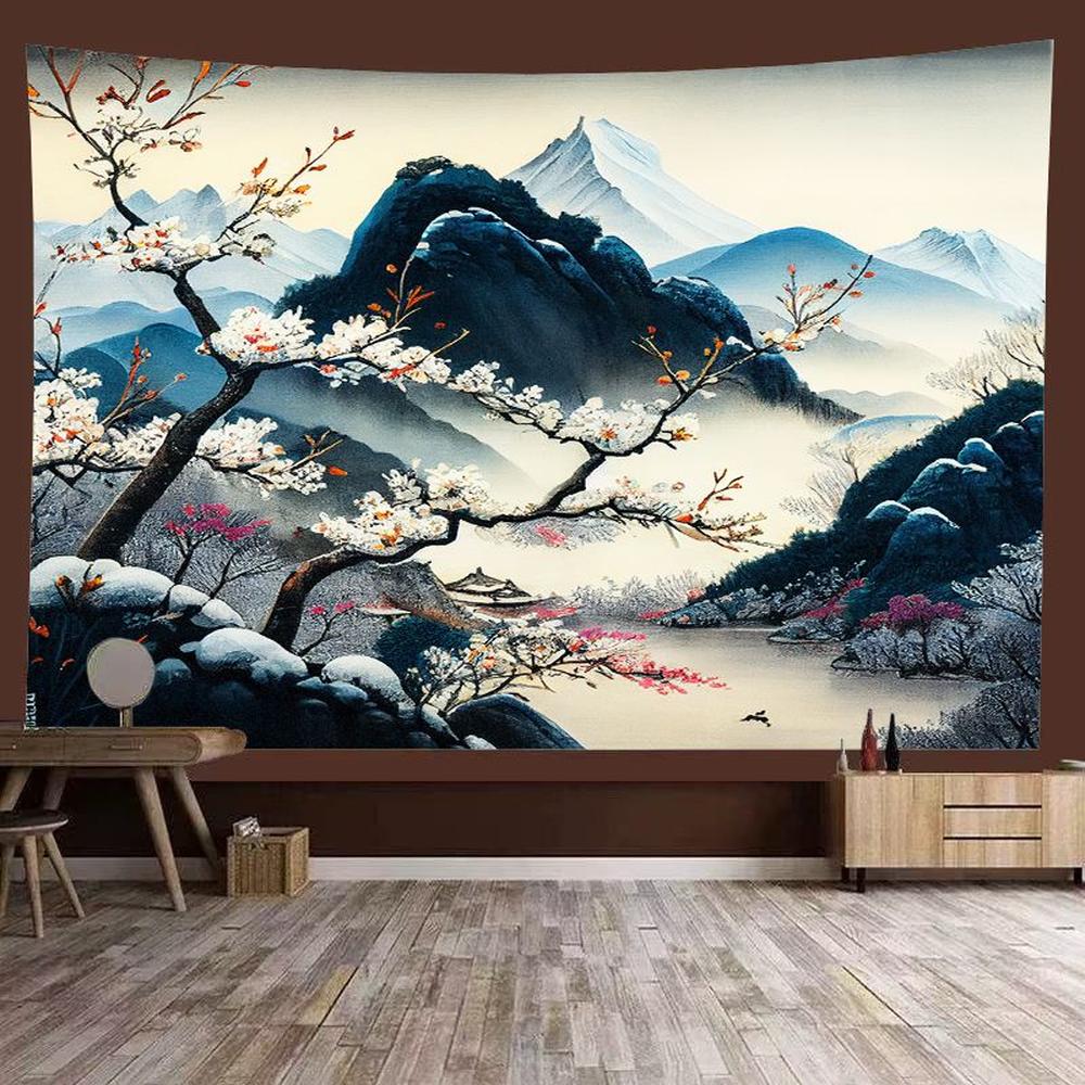 Green Chinese Landscape Tapestry, Mountain River Pine Tree Nature Zen Art for Home Decor