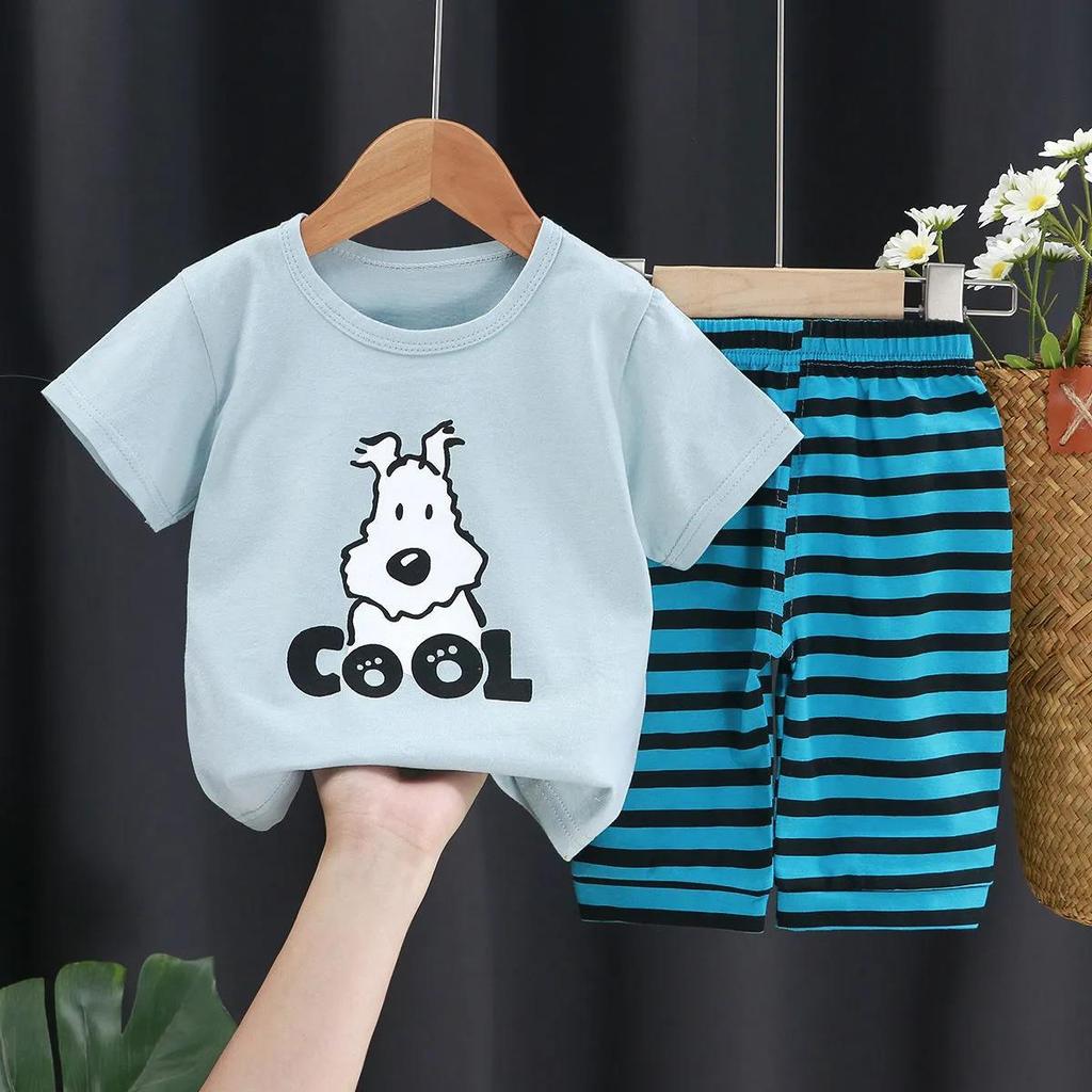 Children's Suit Summer Thin Short Sleeve Suit Boys and Girls Loose Korean Printed Animal T-shirt Shorts Two Piece Set