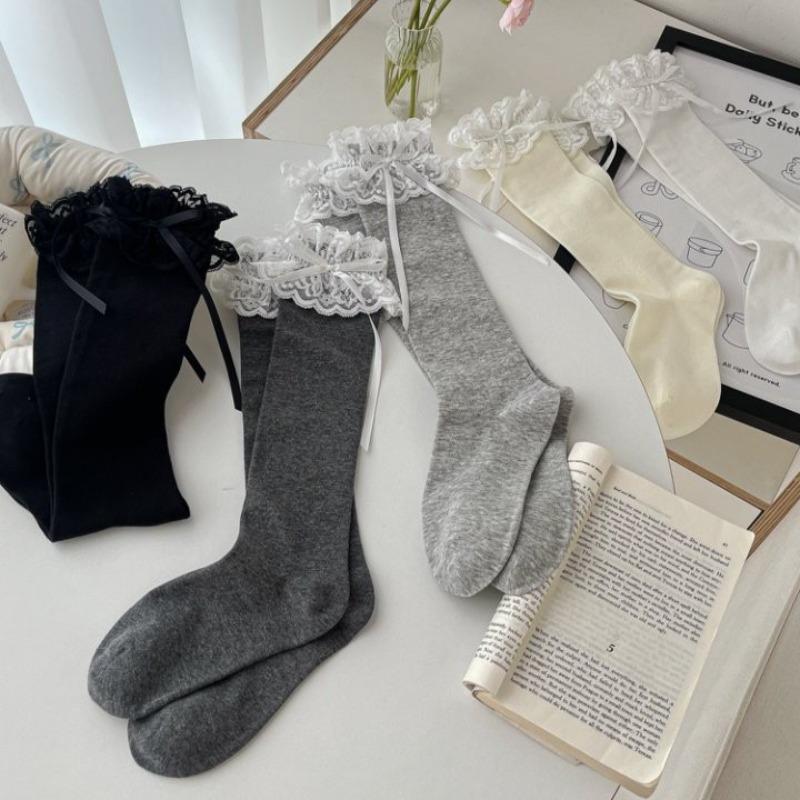 Lolita Princess Stockings, Lace Trim Stockings, Calf Stockings, Cute Girls, Summer Bow Stockings, Long Stockings, Pile Stockings