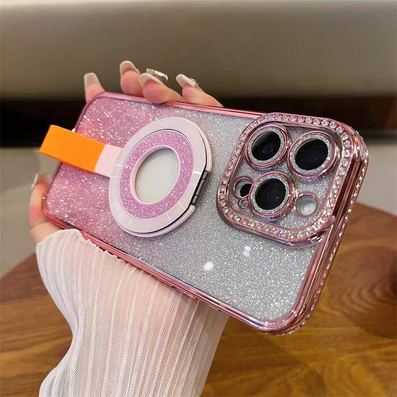 Luxury Diamond Magsafe Holde Glitter Hollow Logo Case for iPhone 16 15 Pro Max 14 Plus 13 12 11 Pro Shockproof Clear Cover