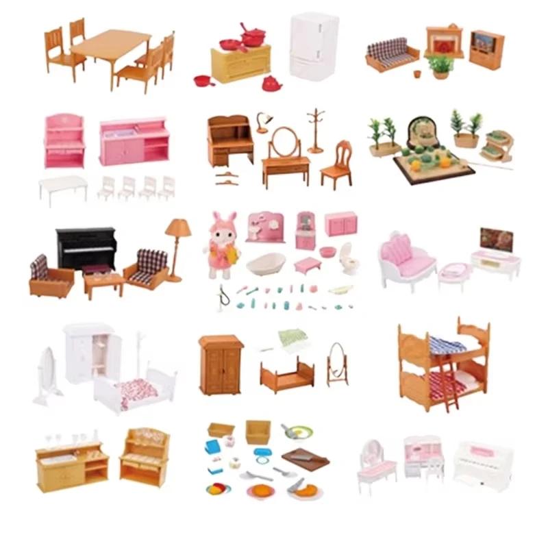 Forest Home Animal Family Mini Rabbit Villa Living Space Kitchen Sleeping Area Garden Micro Furniture Set Girl Pretend Engage With Toy Model