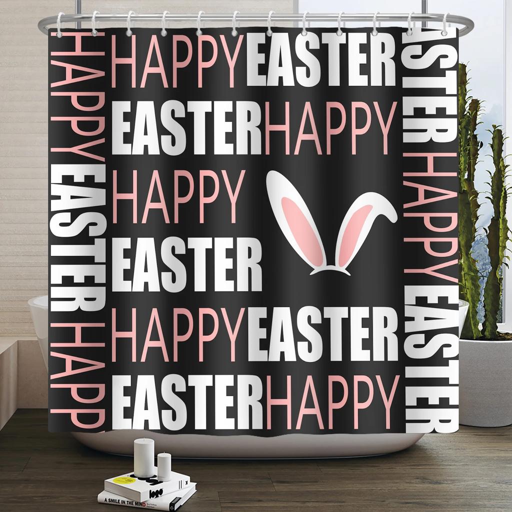 Spring Easter Shower Curtain Happy Rabbit Bunny Eggs Flower Garden Floral Holiday Waterproof Bathroom Shower Curtain With Hooks