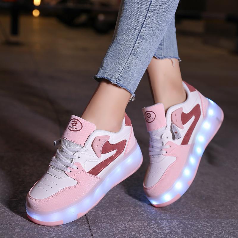 29-40 Kid's Lights Sports Shoes Rubbing Shoes Solid Magic Patch Can Charging Double-row Four-wheel Luminous Children Shoes