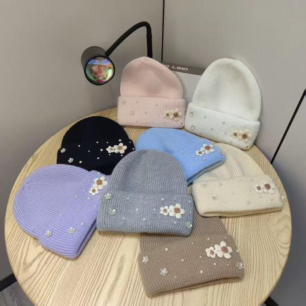 New Cute Flower Rabbit Wool Knitted Hat Autumn and Winter Thickened Warm Plush Fashionable Wool Hat Women Showing Their Face Cold Hat