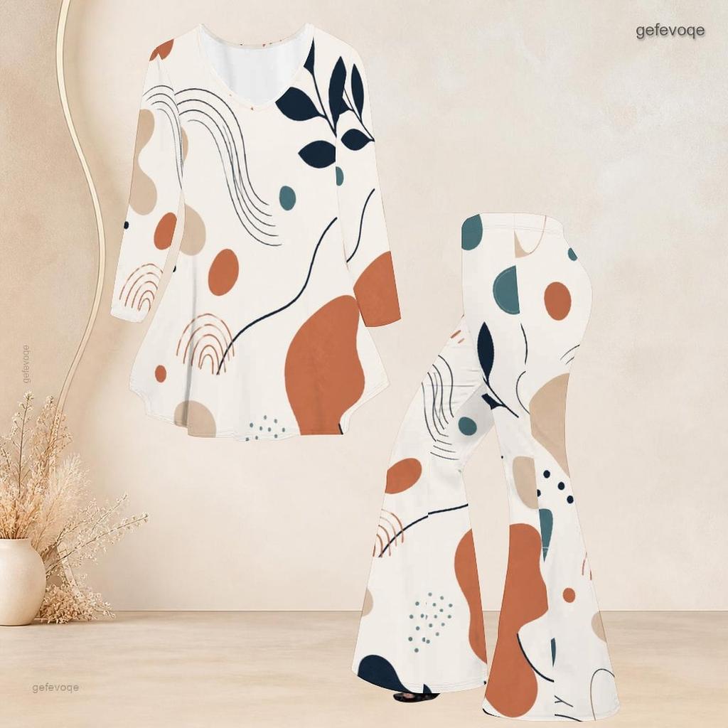 Women Plus Size Round Neck Three Quarter Sleeve Printed Flared Top And Flared Pants Two Piece Set