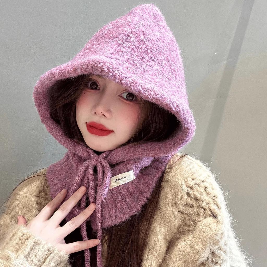 Autumn and Winter New Korean Style Anti Aging Balacala Cap Buttoned Scarf Cap One Piece Women's Ear Protecting and Warm Knitted Cap