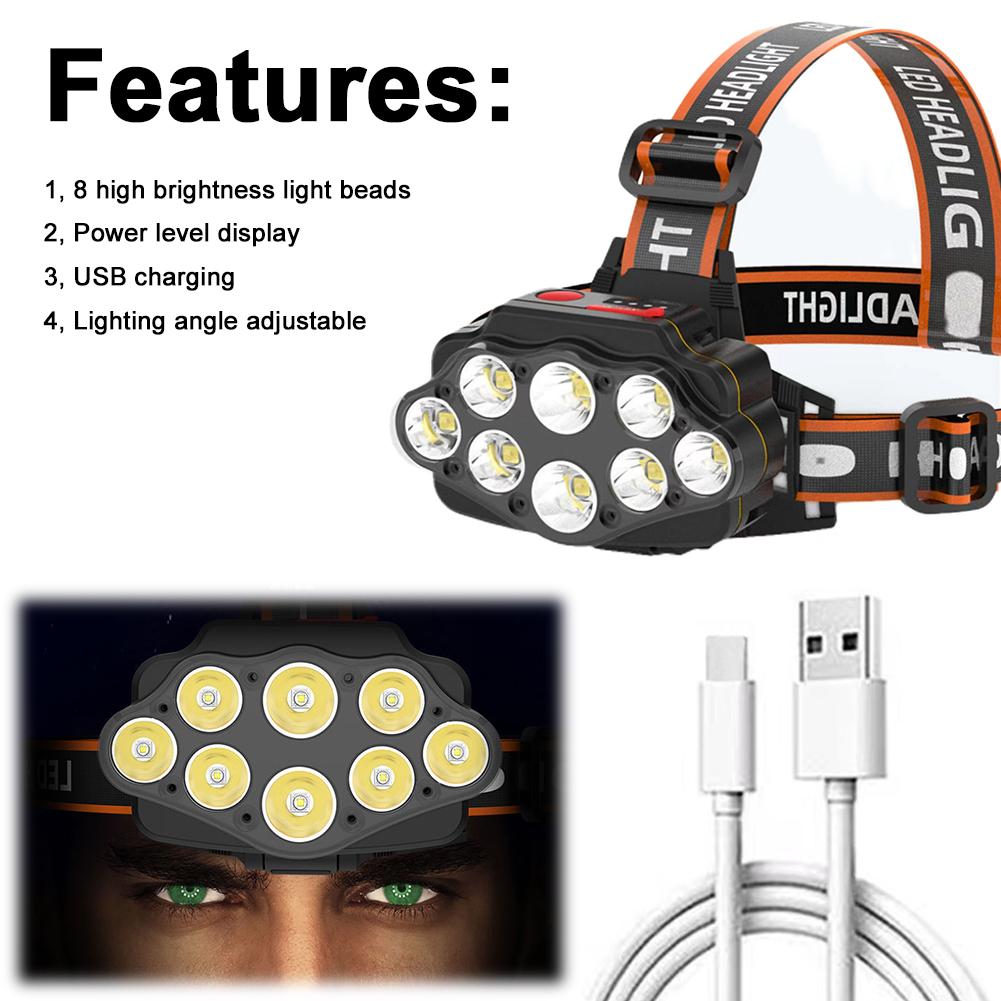 8LED Powerful Head Flashlight USB Rechargeable Camping Headlight Power Display Camping Search Light for Outdoor Camping Hiking