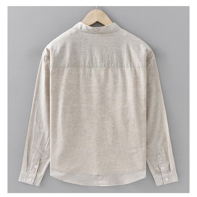 Cotton Linen Shirt Mandarin Collar Long Sleeve Casual Loose Fit Button-Up Shirt Men's Retro Camping Fishing