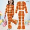 Girls Abstract Face Printed Round Neck Long Sleeve Top And Flared Pants Two Piece Outfit