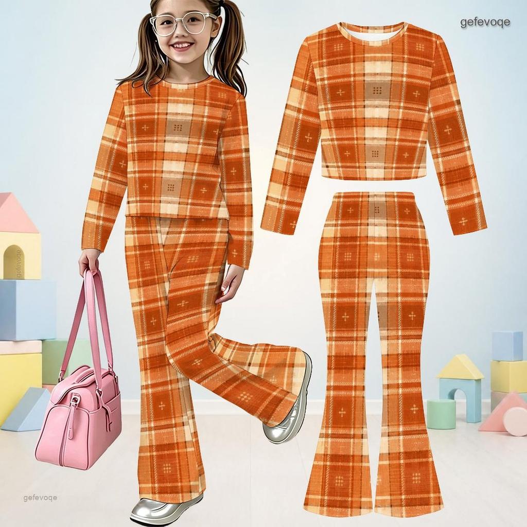 Girls Abstract Face Printed Round Neck Long Sleeve Top And Flared Pants Two Piece Outfit