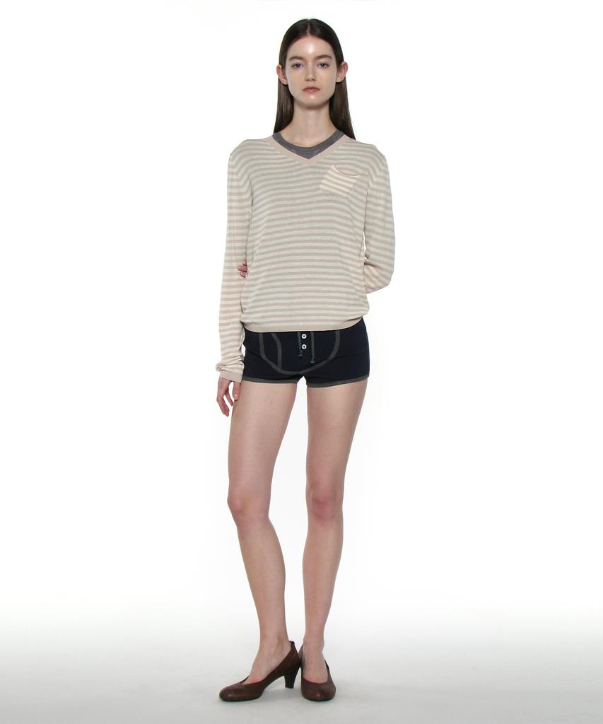 PARTIMENTO WOMEN Pwc Sheer V-Neck Knit Sweater_Beige Stripe